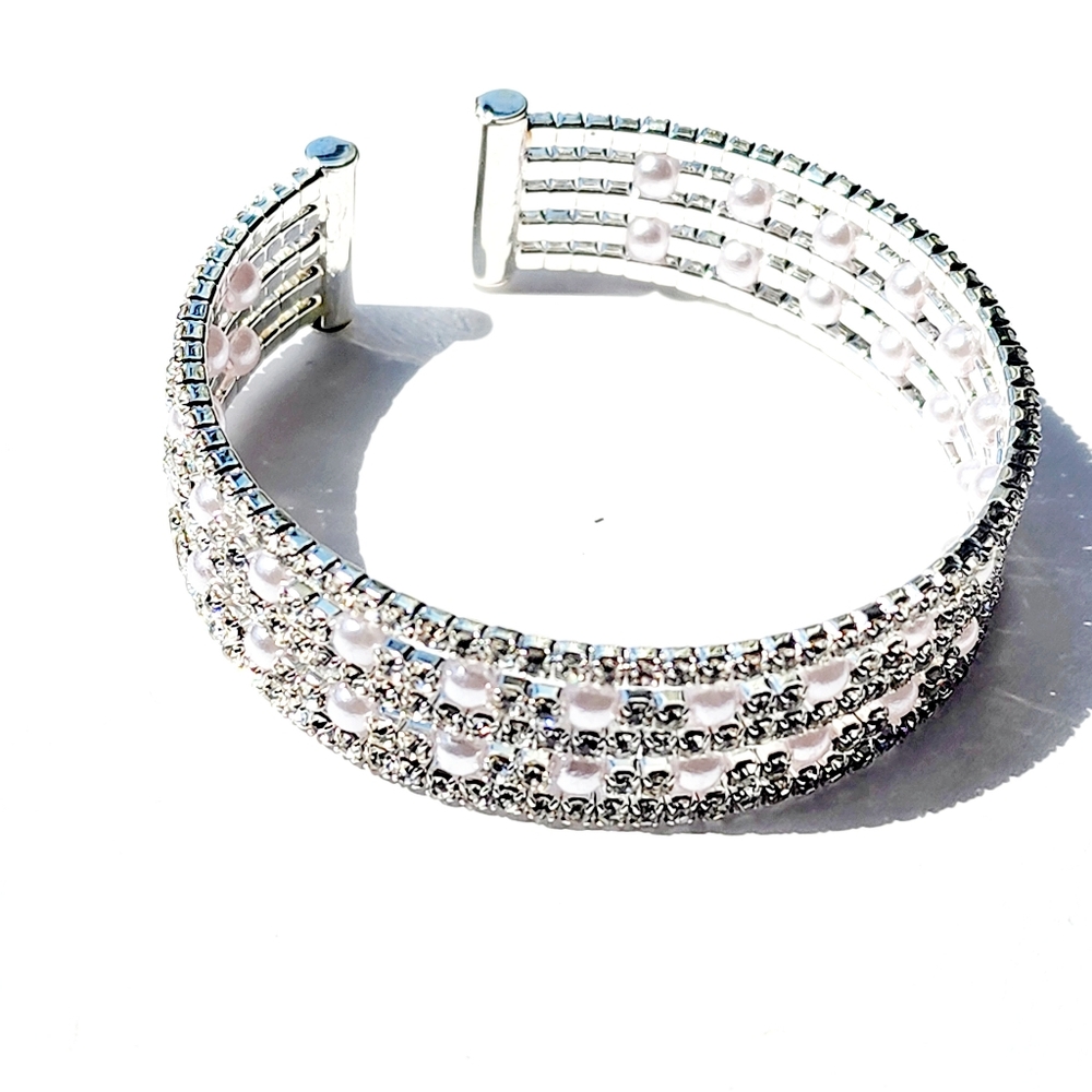Women's 5 row Rhinestones with Faux White Pearl Bead Stretch Cuff Bangle - Picture 4 of 6